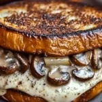 Swiss mushroom melt sandwich with melty cheese and caramelized mushrooms