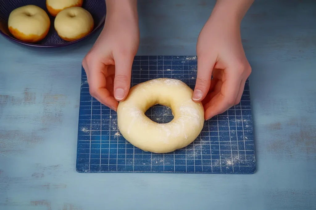 Hands pinching the edges of dough together to seal in the hazelnut filling, then connecting the ends to form circle-shaped donuts resting on parchment paper