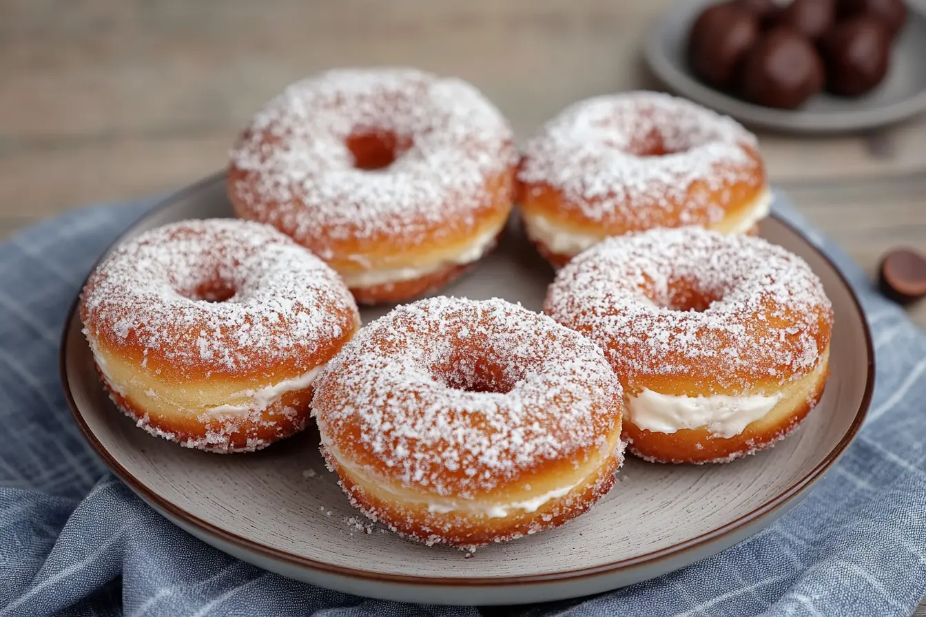 Homemade stuffed donuts with hazelnut filling dusted with sugar, one cut open