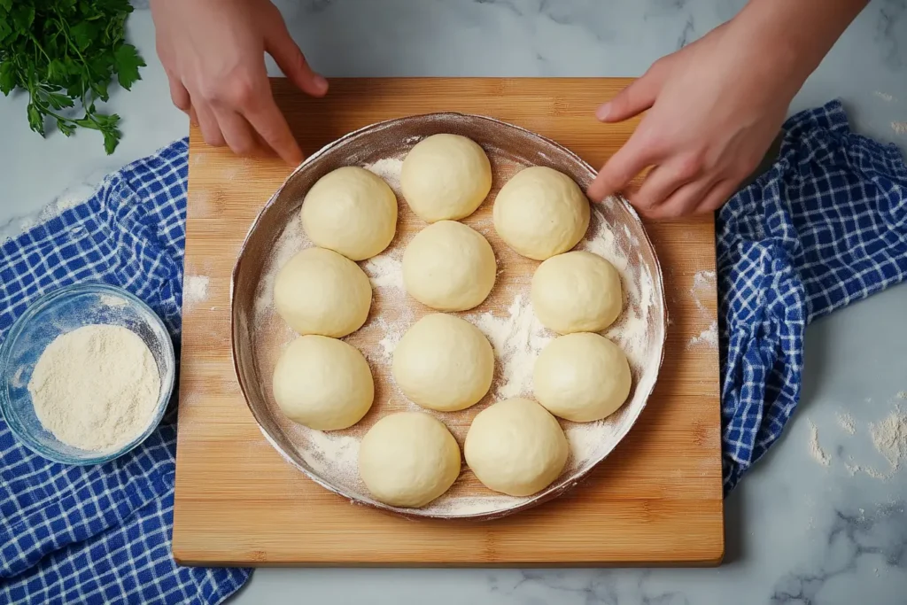 Ten equal portions of donut dough rolled into smooth balls arranged on a parchment-lined baking sheet, covered lightly and resting before shaping