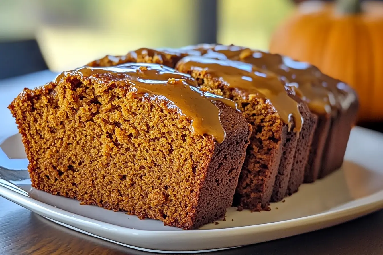 Moist and freshly baked pumpkin bread on a wooden table.